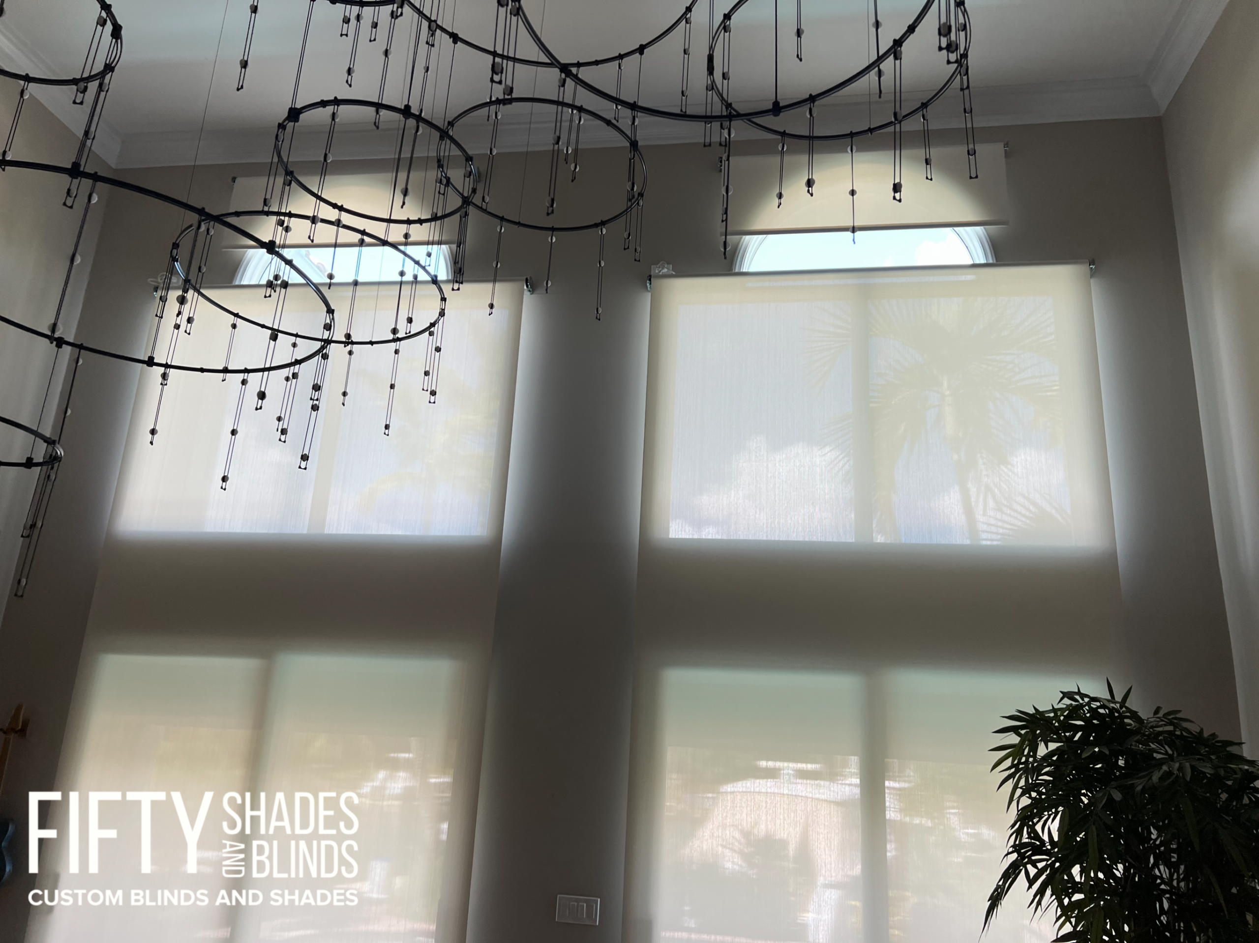 Interior showroom with vertical blinds on windows, a decorative circular hanging sculpture overhead, and a potted plant in the corner; promotional text in the lower-left reads 'FIFTY SHADES AND BLINDS'